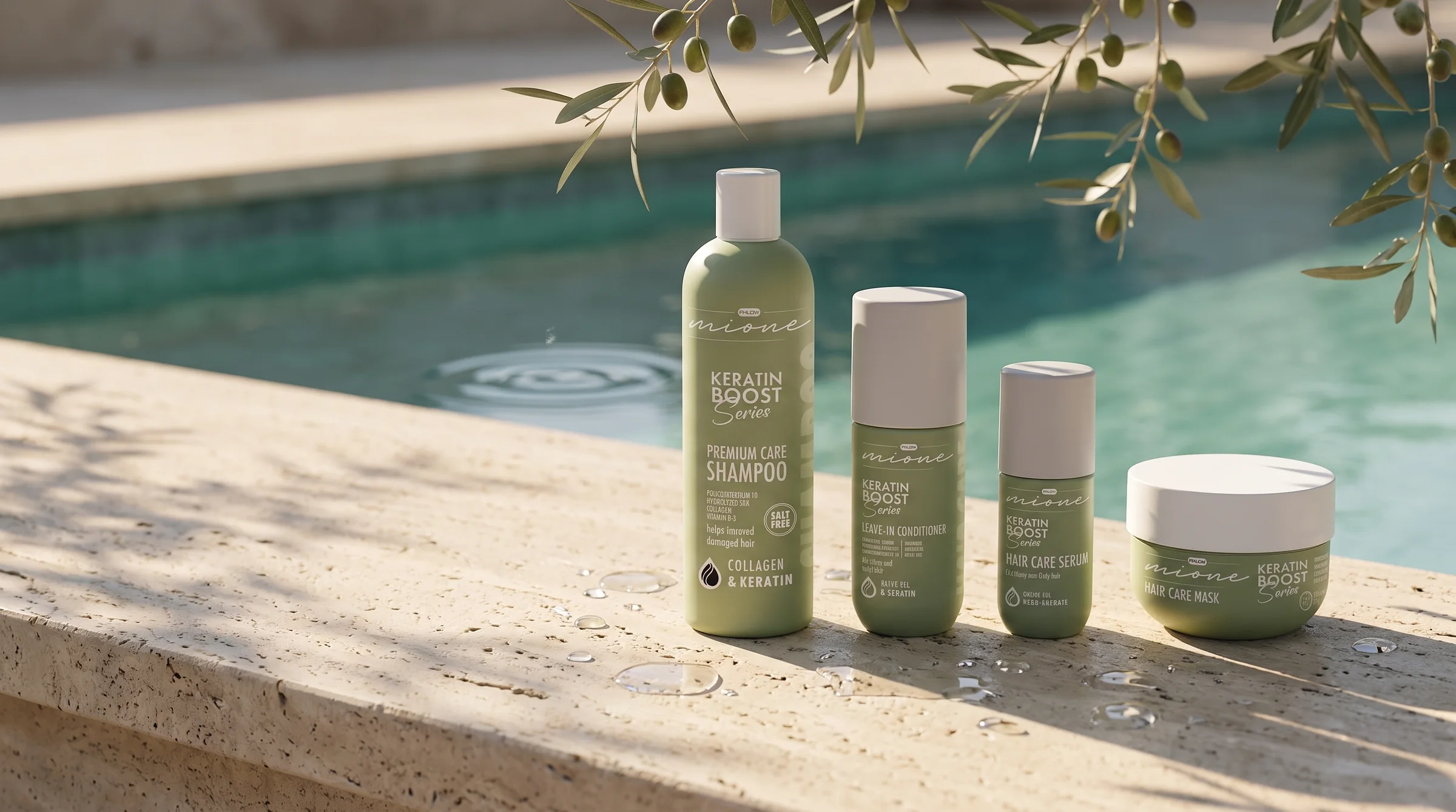 Mione Keratin Boost Series dörtlüsü havuz kenarında traverten setin üzerinde